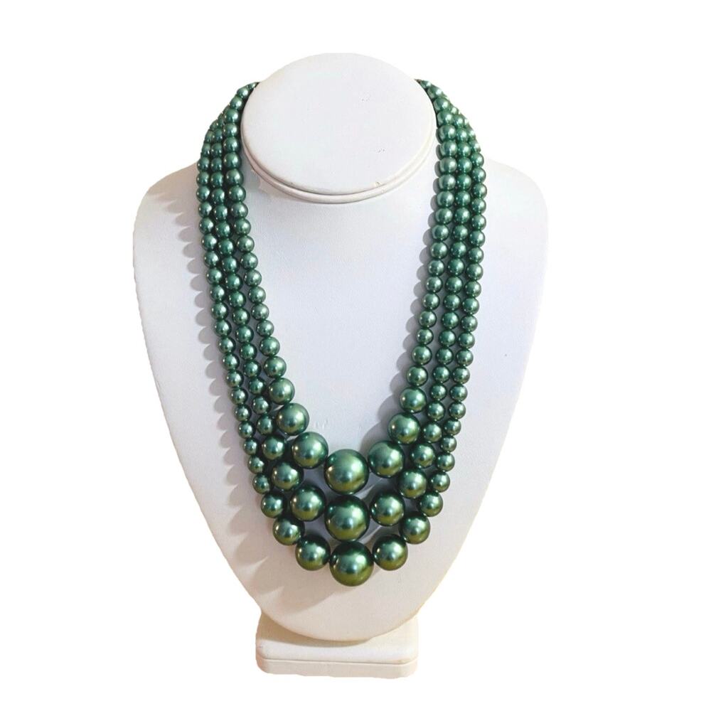 Vtg Mid-Century Mod Faux Pearl Multi-Strand Necklace Japan Green Graduated MCM
